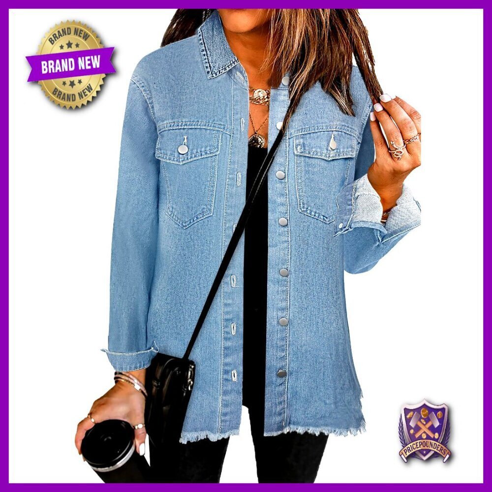 Oversized Denim Jacket Distressed Frayed Hem Casual Long Sleeve Vintage Street